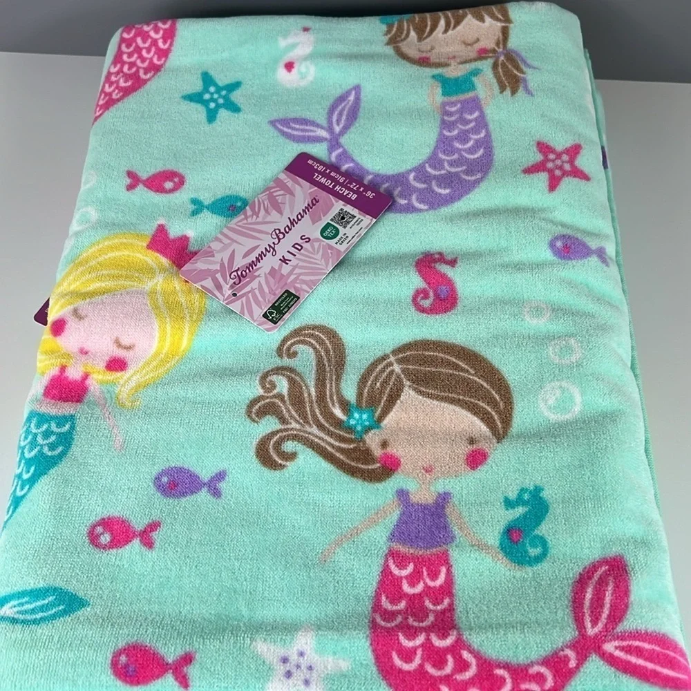 Tommy Bahama Kids Mermaid Beach Towels Aqua and Pink 100% Cotton 2 pc NEW